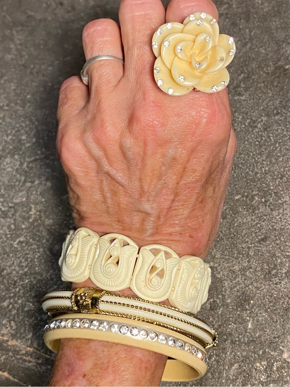 Early-Mid 20th century ivory cream celluloid/plastic jewelry,ring,3 bracelets